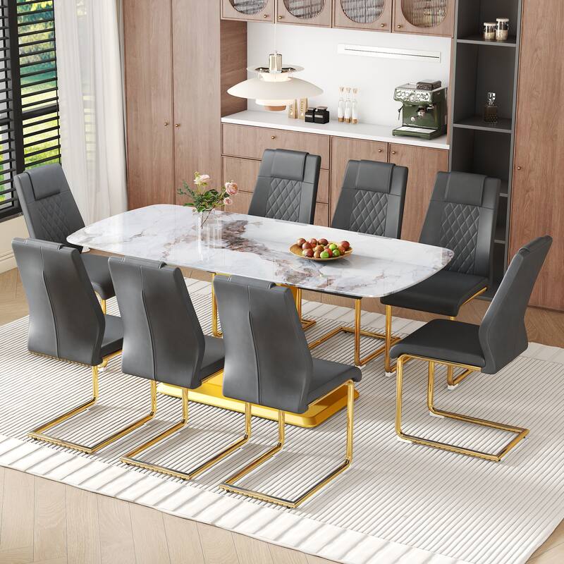 9-Piece Glass Marble-Texture Dining Set, Kitchen Table Set with PU Chairs and Gold Metal Legs for Dining Room