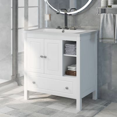 30" Bathroom Vanity with Ceramic Sink & Pull-Out Drawers, Bathroom Storage Cabinet with Solid Wood Frame, White