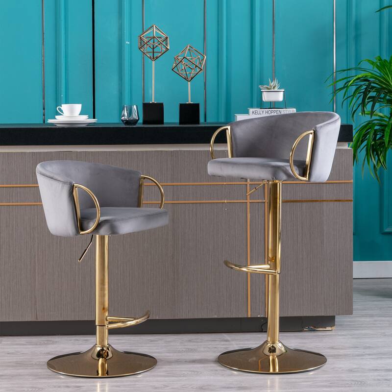 Set of 2 Adjustable Swivel Bar Stools, Grey Velvet with Chrome Footrest & Gold Legs