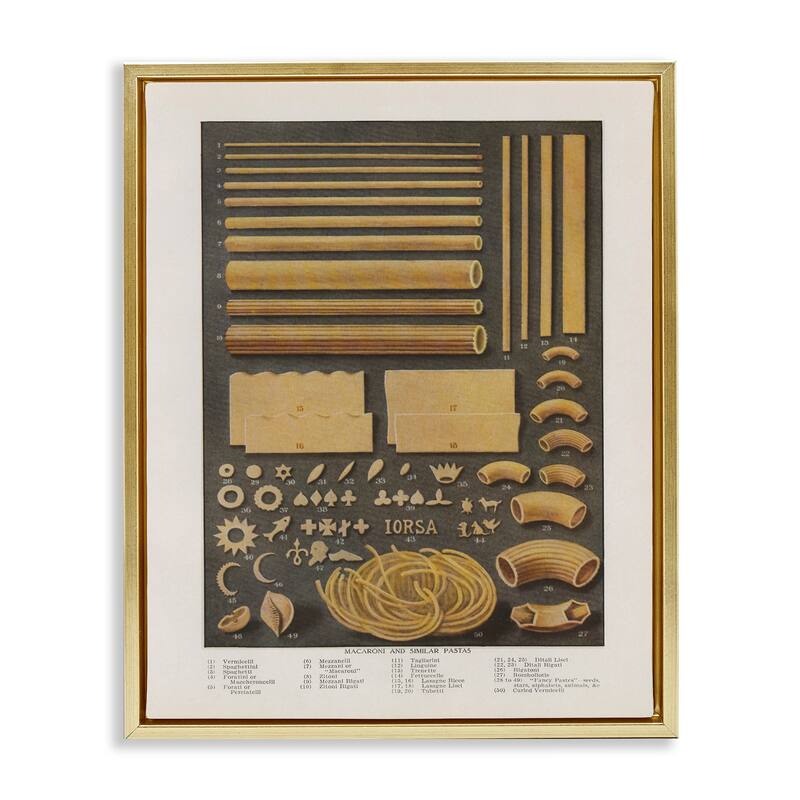 Stupell Various Pasta Shapes Vintage Framed Floater Canvas Wall Art Design By Phillipa Katz - 25 x 31 - Gold