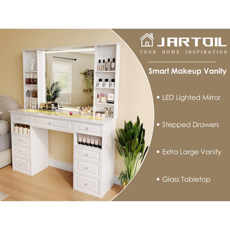 Modern Vanity Set with Lighted Mirror,Extra Large Mirror Makeup Vanity Table with 9 Drawers,European Style Vanity