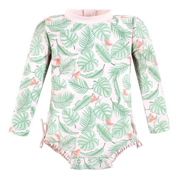 slide 1 of 1, Hudson Baby Girls Rashguard Baby Swimsuit, Pink Palm 12-18 Months - Pink Palm Baby