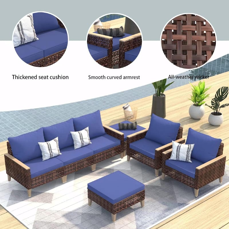 5-Piece High Footed Hollowed Out Rattan Furniture Set - 7-Seat Sofa Set with Cushions