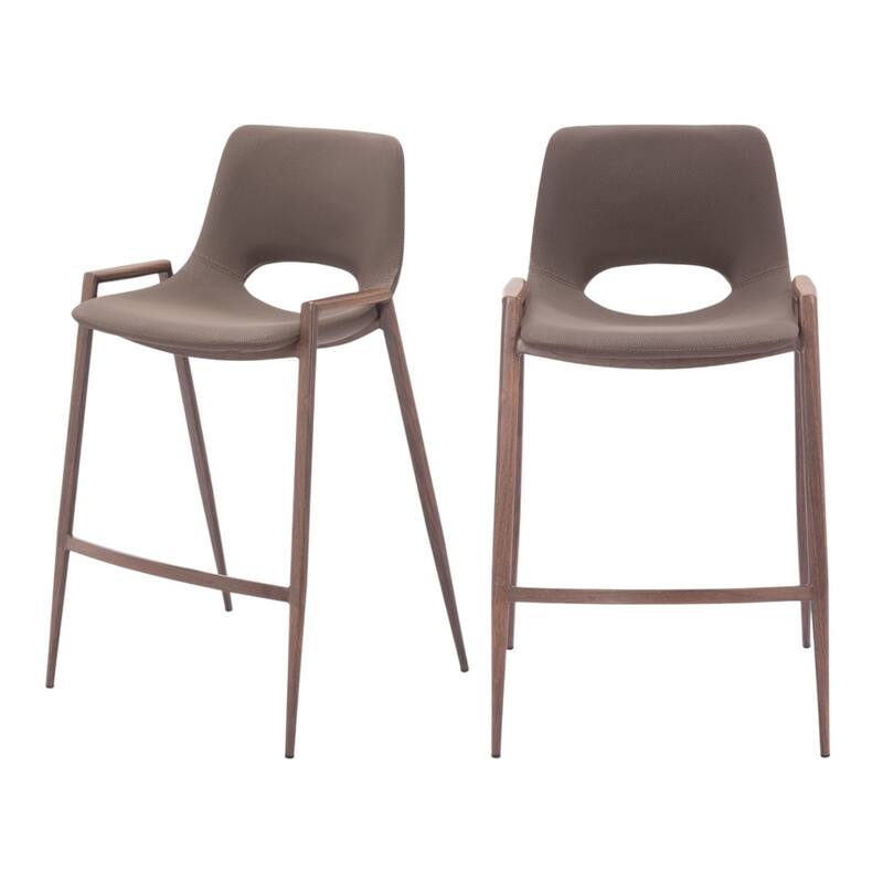 Set of Two 26" Brown Faux Leather And Steel Low Back Counter Height Bar Chairs