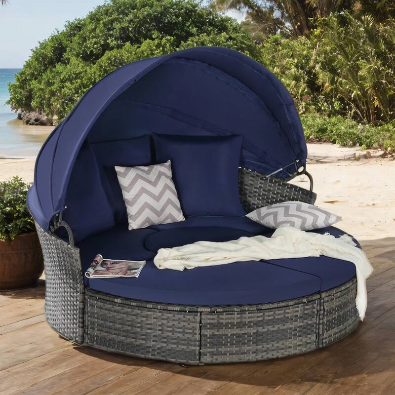 Outdoor Round Daybed with Retractable Canopy, Cushions, Table,Set of 5