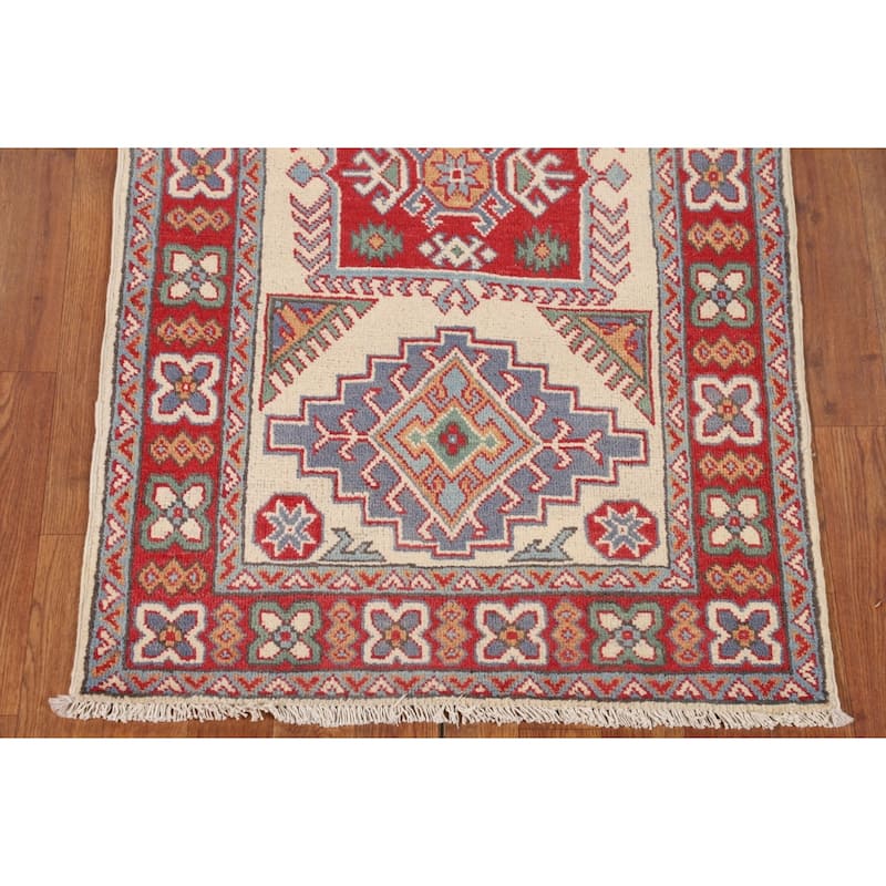 Ivory Geometric Kazak Accent Rug Hand-Knotted Wool Carpet - 2'7" x 4'3"