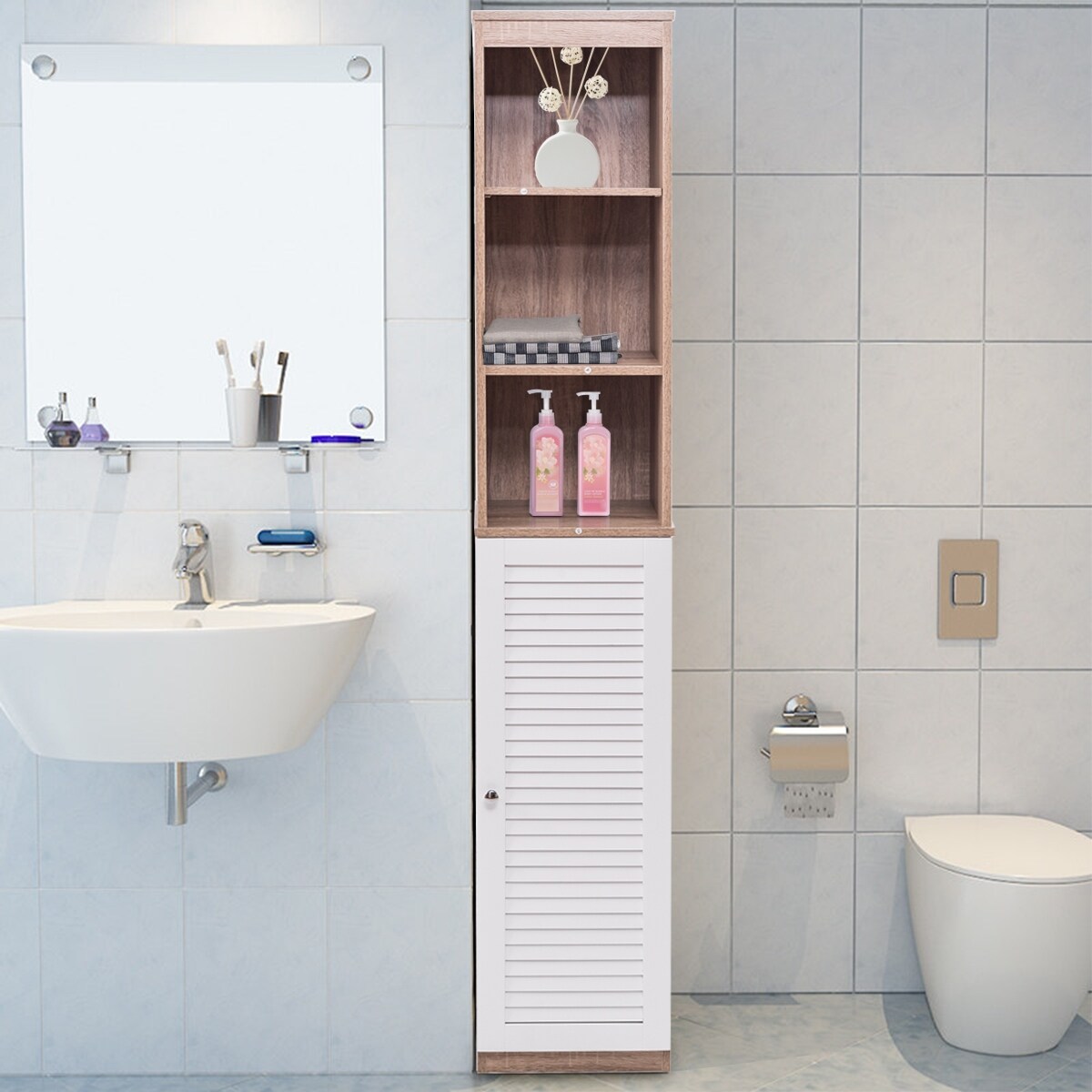 Shop Costway 71 Tall Wood Tower Bathroom Shelf Organizer Storage Cabinet Louvered As Pic Overstock 18242507