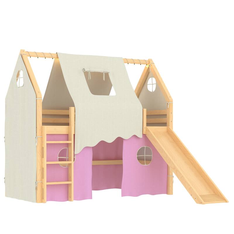Fairytale Loft Bed Wooden House Bed with Tents, Light Strip and Slide