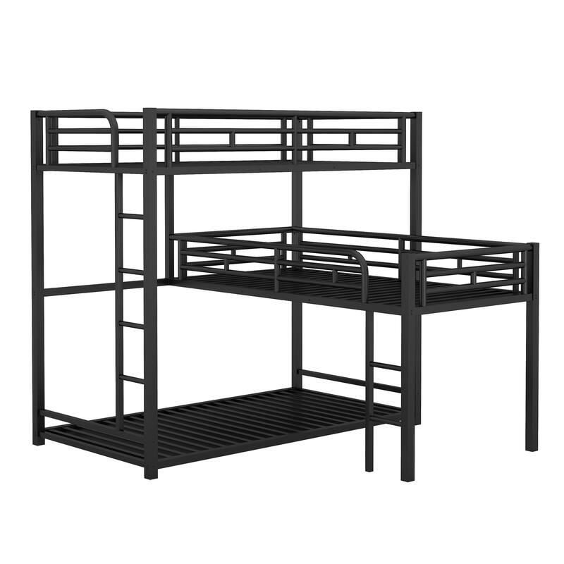 L-Shaped Triple Twin Metal Bunk Bed with Ladder, Black - Space Saving Design