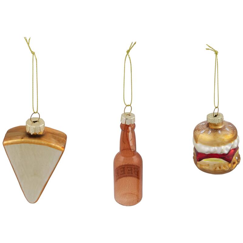 Pizza, Burger and Beer Glass Christmas Ornaments - 3.5" - Set of 3