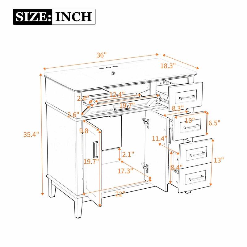 36" Modern Bathroom Vanity with Ceramic Sink, Soft-Close Door and 4 Storage Drawers