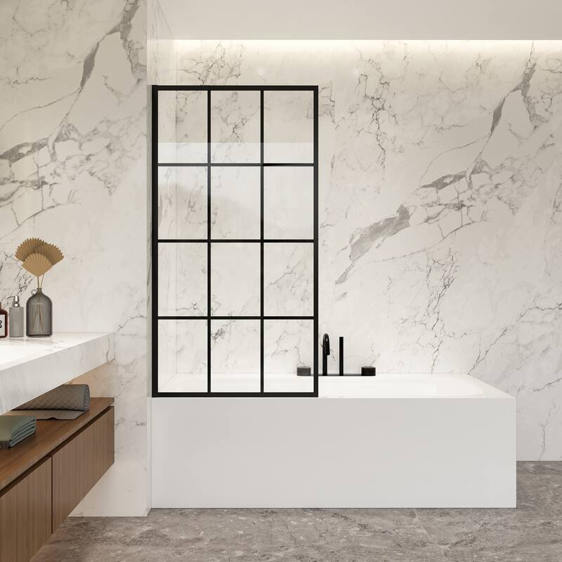 Puente Bathtub Screen Shower Door Tempered Glass Framed Shower Panel - 34" W x 58" H