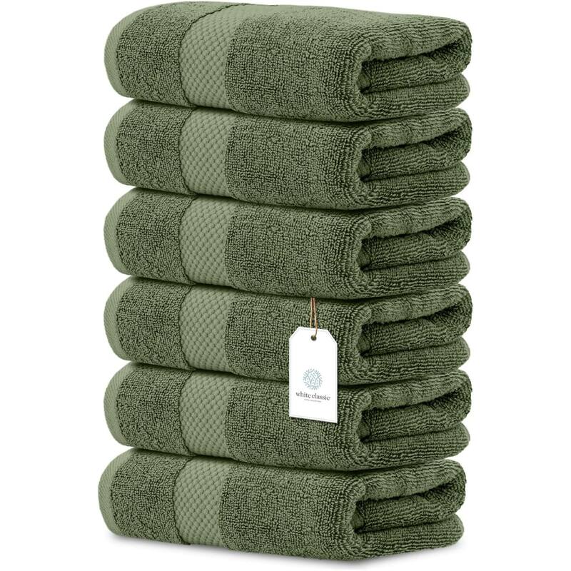 White Classic Luxury Cotton Hand Towel 16x30 - Set of 6 - Forest Green