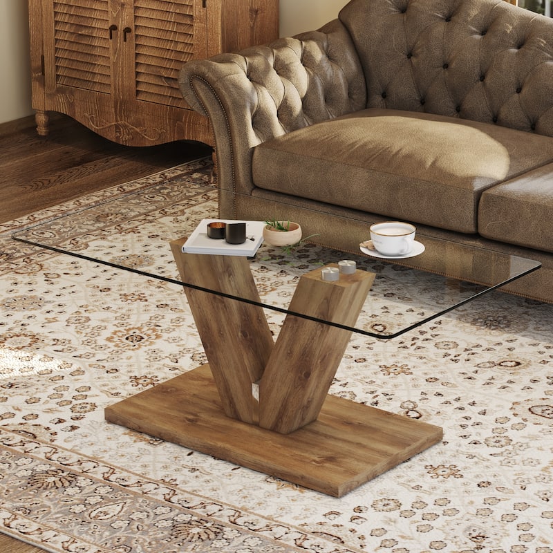 Transparent Tempered Glass Tabletop With Wooden Mdf Columns