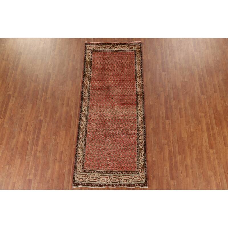 Hand Knotted Oriental 100% Wool Carpet Traditional All-Over Red Botemir Runner Rug - 9' 4'' X 3' 8''