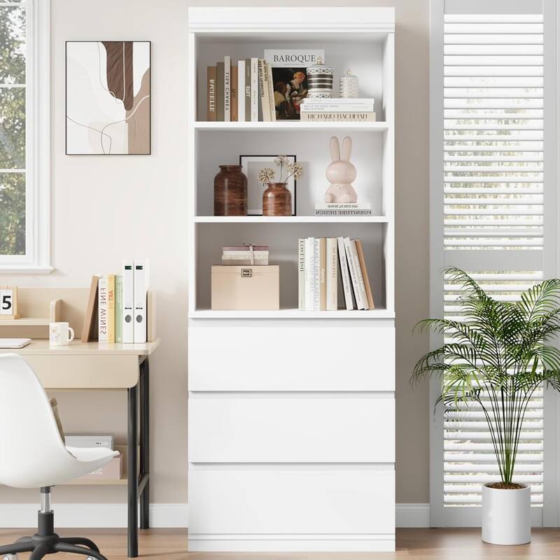 70 Inch Freestanding Modern Tall Bookcase with 3 Drawers - N/A