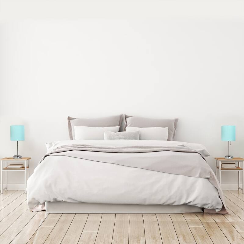 19.5 in. Brushed Steel Finish Table Lamp with Blue Shade, Durable Stick Lamp for End/Side Tables, Set of 2