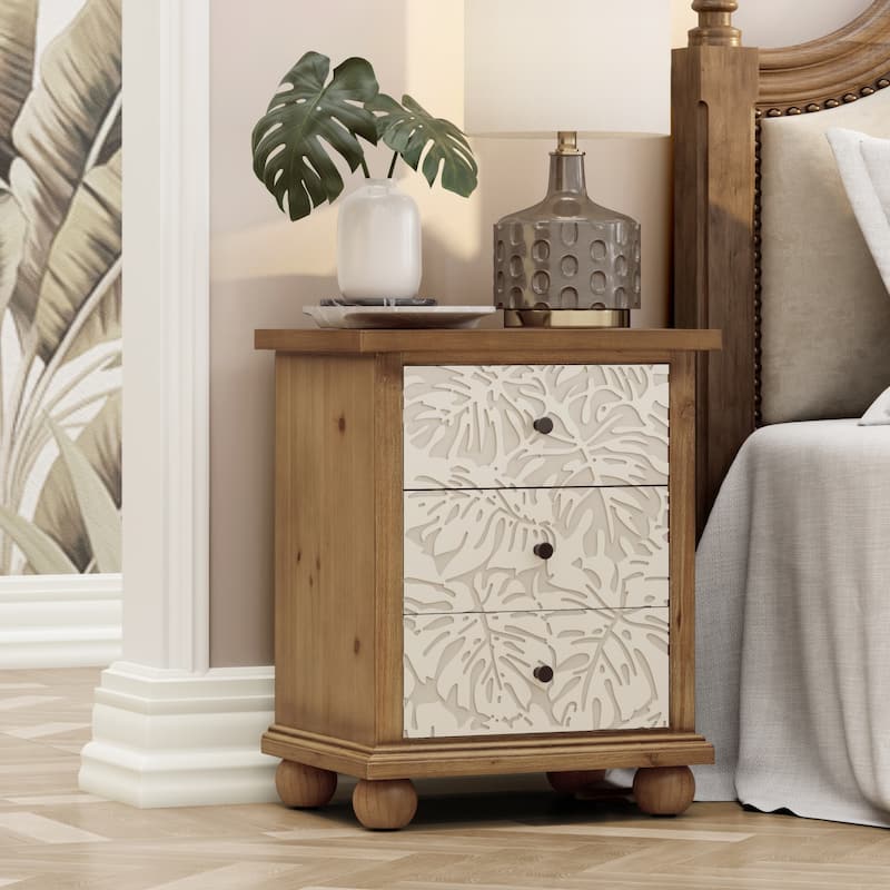 COZAYH Rustic Farmhouse 3-Drawer Nightstand with Leaves Pattern Carved, Vintage French Country Dresser Chest Accent Cabinet
