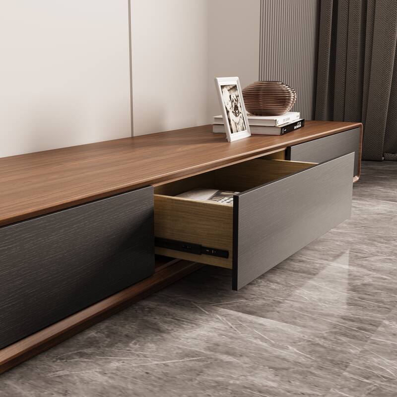 Modern Rectangular TV Stand with 4 Drawers, Wood Veneer Media Console, Walnut White, Soild Wooden, Fully-Assembled