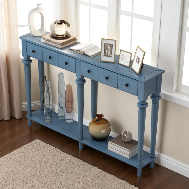 59.8" Rustic Entryway Console Table with 4 Drawers and Open Shelf, Retro Pine Veneer Hallway Accent Table