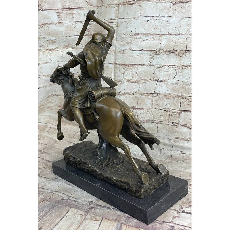 Arabian Arab Warrior On Imitative Horseback Bronze Statue Sculpture Figure On Marble Base