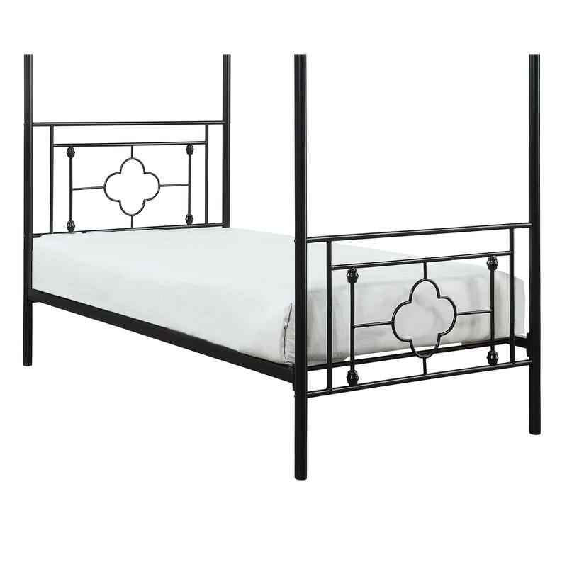 Twin Size Metal Canopy Bed with Ball Finials and Quatrefoil Design