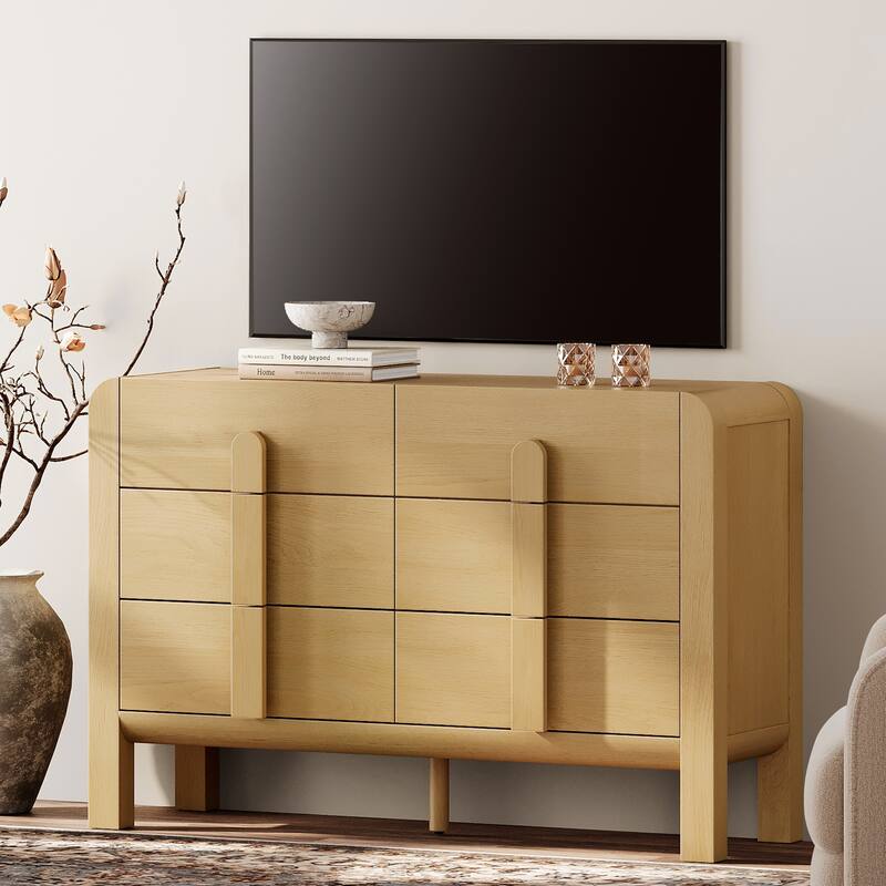 WAMPAT Modern 6 Drawer Dresser TV Stand For 55 Inch TV, Curved Entertainment Center, Wood TV Console With Storage
