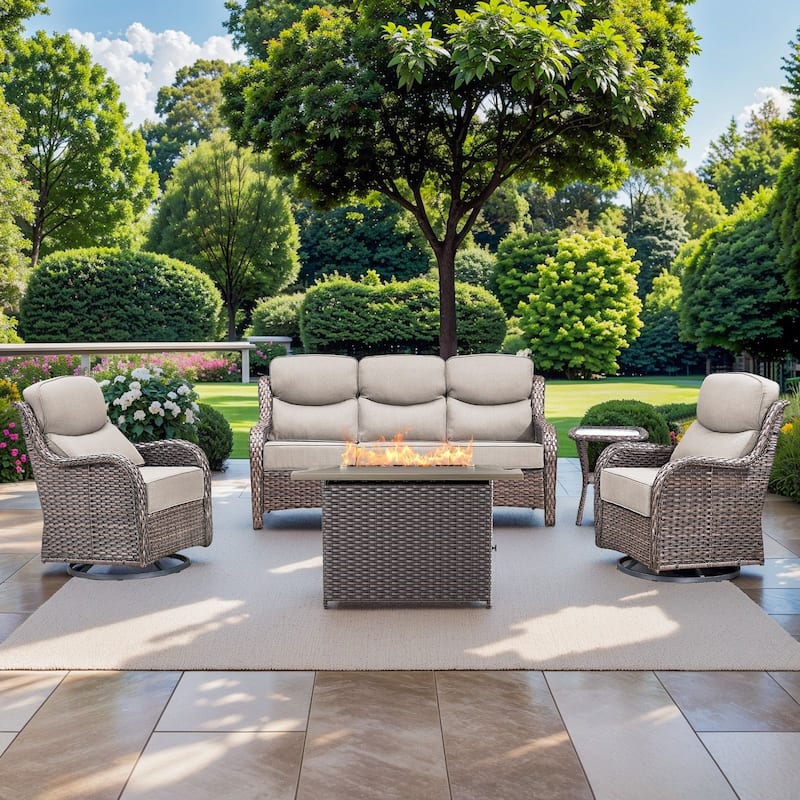 Pocassy 5PCS Outdoor 6Inch Sofa Swivel Chair Table w/ Fire Table - Beige cushion - Brown Wicker