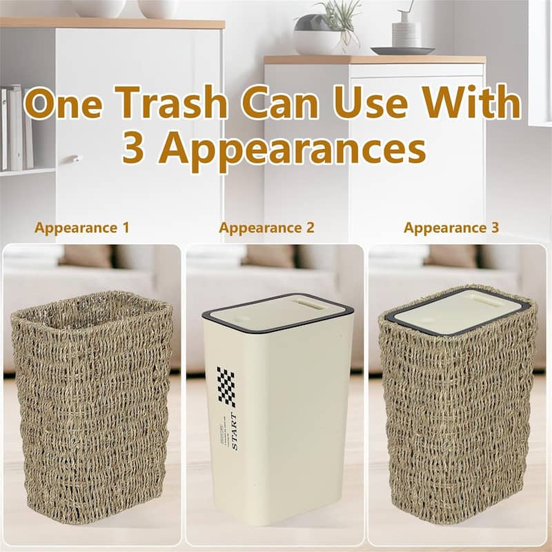 2.6Gallon Small Rattan Trash Can with Press Top Lid