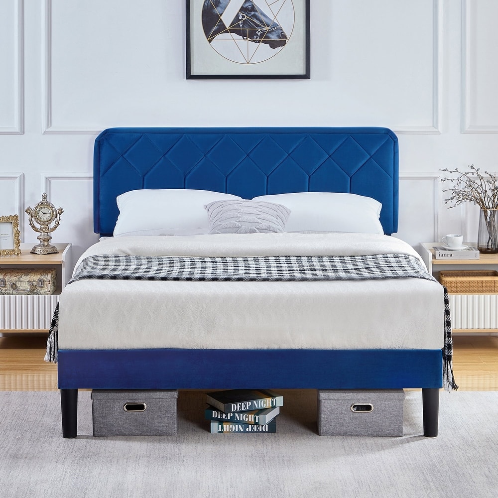 VECELO Adjustable Height Velvet Upholstered Bed Diamond Tufted Headboard with 7.8" Underbed Storage No Box Spring Needed