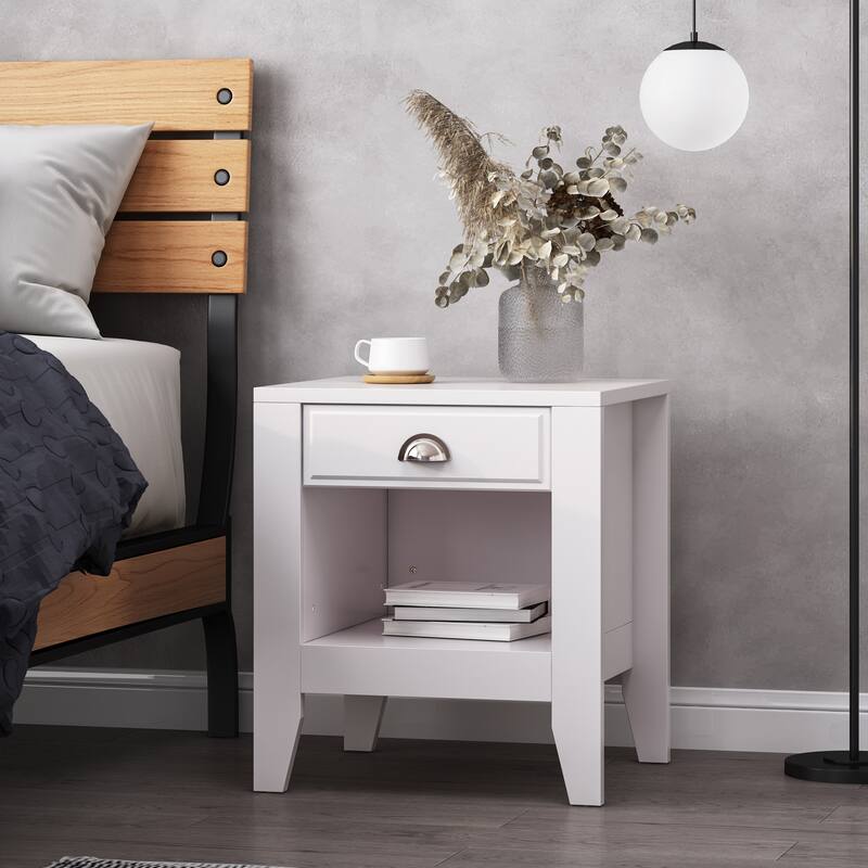 Contemporary Nightstand with Drawer and Open Shelf, Wood Bedside Table for Bedrooms, 2-Tier Storage