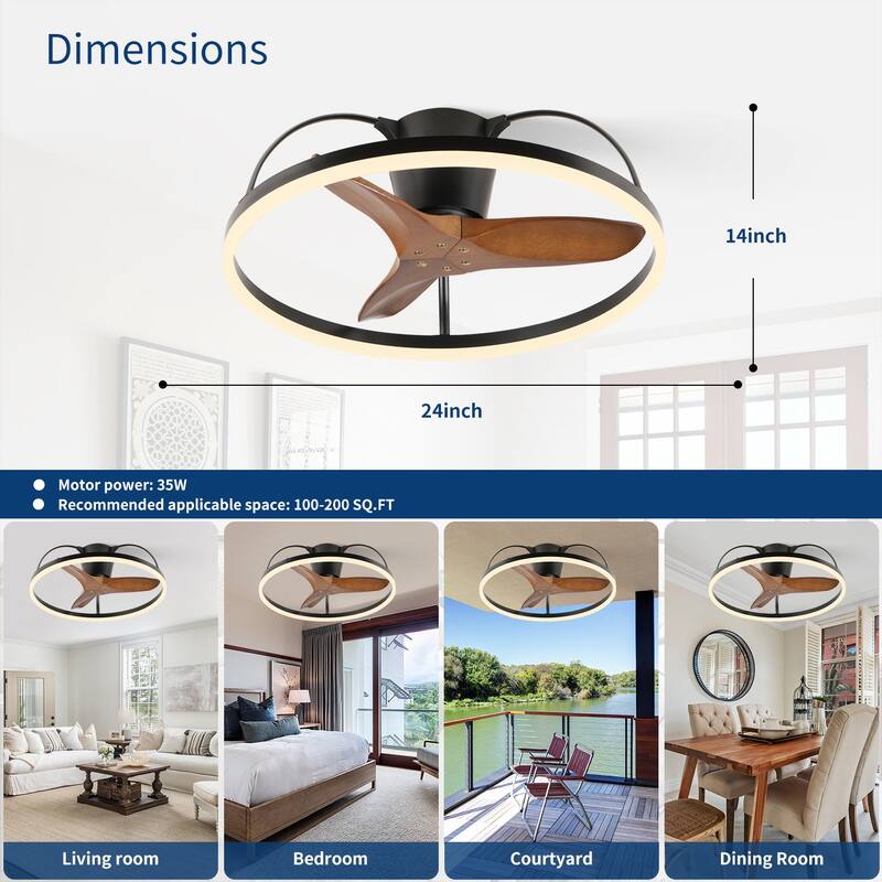 Farmhouse Solid Wood Blade Ceiling Fan with Light and Remote, 24" Low-Profile LED Fan Light Fandelier for Bedroom Kitchen