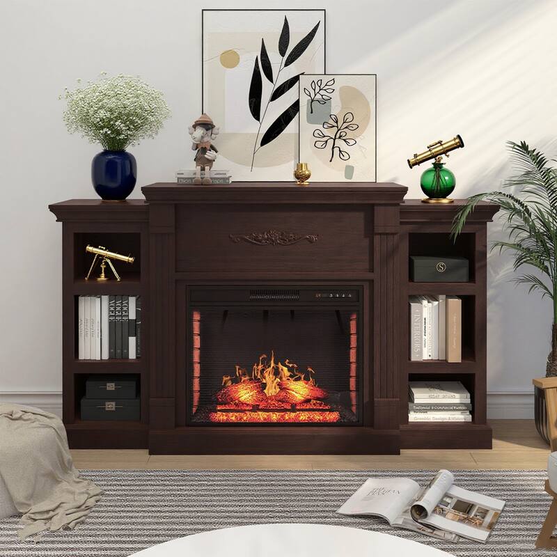 Farmhouse 70 inch TV Stand with 28" Electric Fireplace, Remote Control - Brown