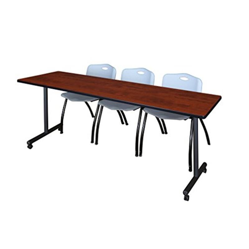 84" x 24" Mobile Training Table- Cherry & 3 'M' Stack Chairs- Grey