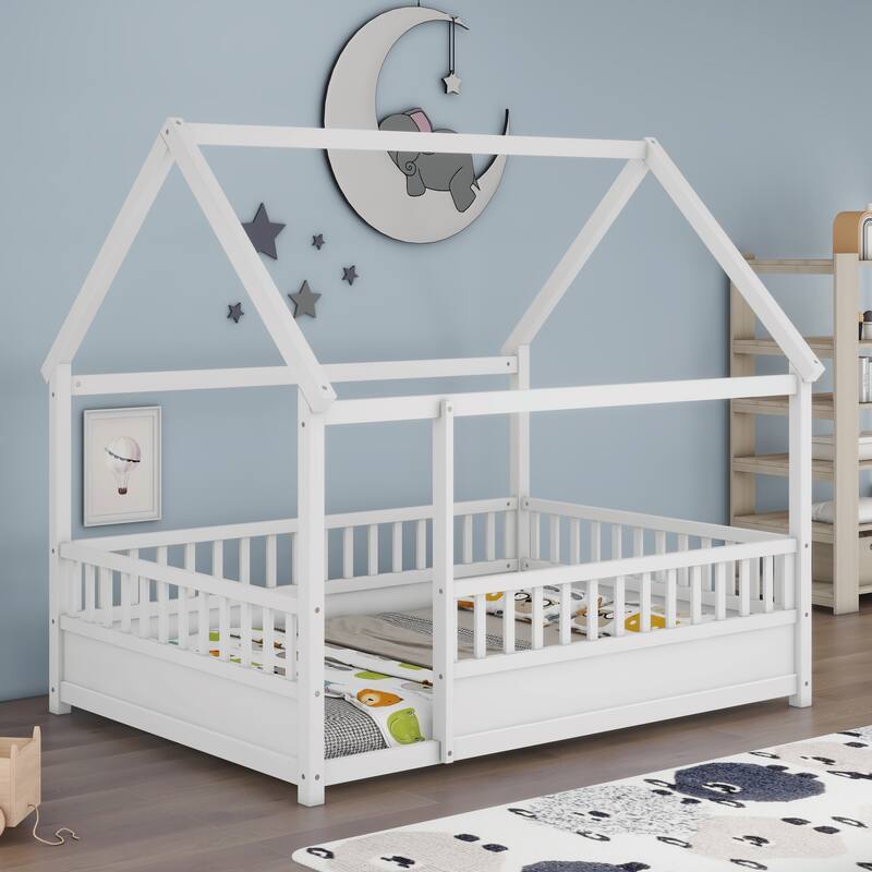 Twin/Full Size Floor Bed Wooden House-shaped Bed Frame with Fence Guardrails & Roof, Twin/Full Size Bed for Kids Boys Girls