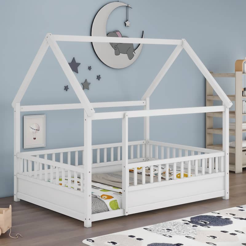 White Full Size Pine Wood Floor Bed with House Roof Frame