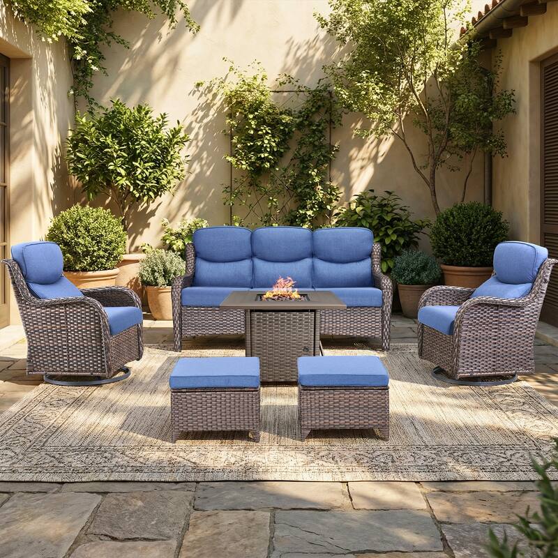 Pocassy Outdoor Propane Fire Pit Table with Sofa Swivel Chair Funiture Set. - Brown Wicker Blue Cushion - 6-Piece Sofa Swivel Chair Ottoman w/ Fie Table