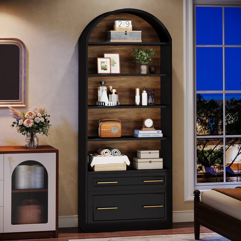 76.8" Tall Arched Bookcase, 5-Tier Modern Bookshelf with File Cabinet Drawer