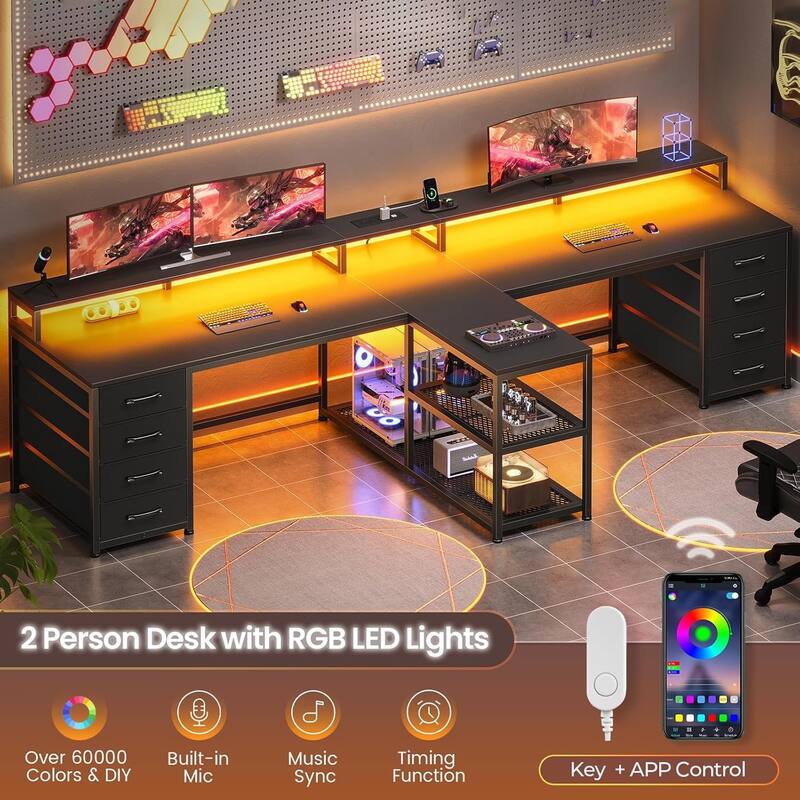 94.5" Two Person Desk with 8 Fabric Drawers Gaming Desk LED Lights