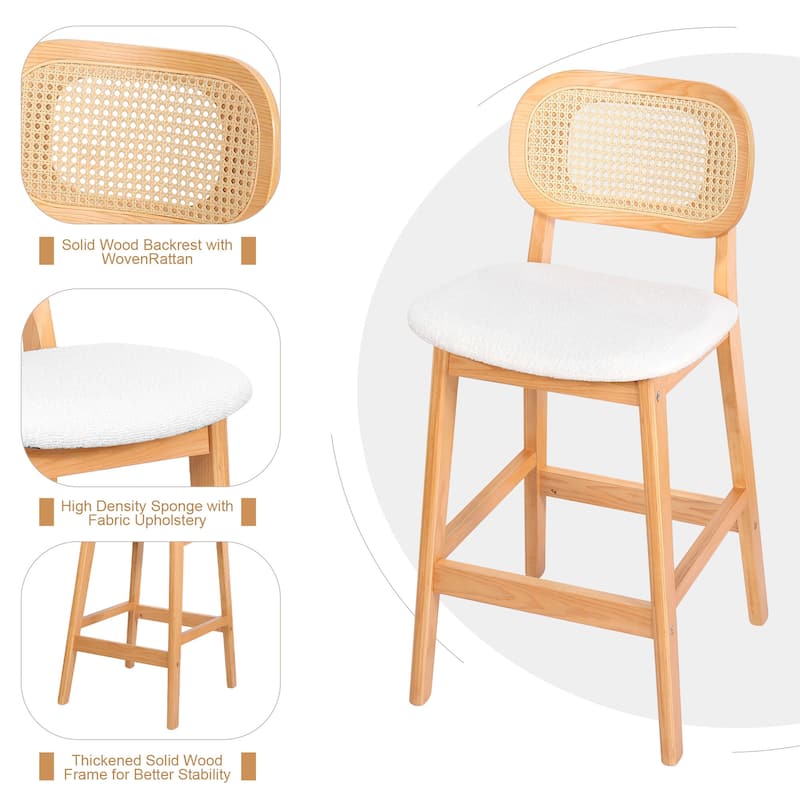 Wood Upholstered Counter Height Bar Stools with Rattan Back - 36.81"H x 17.72"W x 18.7"D