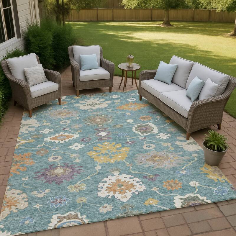 Machine Washable Indoor/ Outdoor Traditonal Delhi Chantille Rug - Teal - 10' x 14'