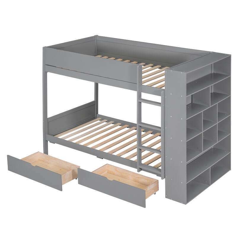 Bunk Bed Frame w/ All-in-one Bookshelf, 2 Drawers, Guardrail, Footboard - Gray - Twin