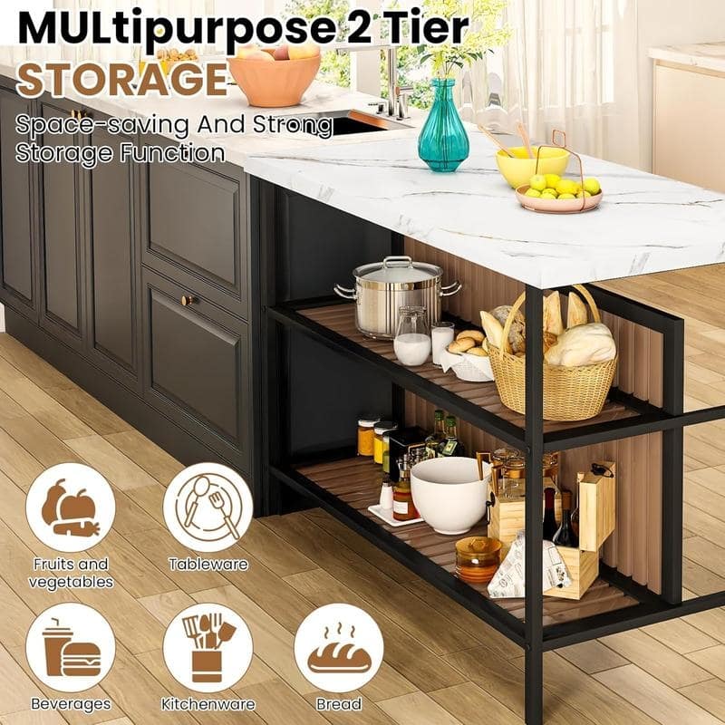 Grondin Mid-Century Modern 3-Piece Faux Marble Top Kitchen Island Set with 2 Stools and Shelves