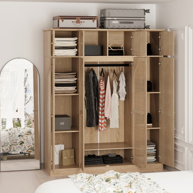 Rattan Decorative Doors Wardrobe Closet with Hanging Rod & Shelves, Large Capacity Armoire Clothing Storage Cabinet