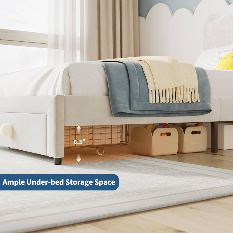 Upholstered Bed Frame for Kids with Storage Drawer and Scallop Headboard, No Box Spring Needed