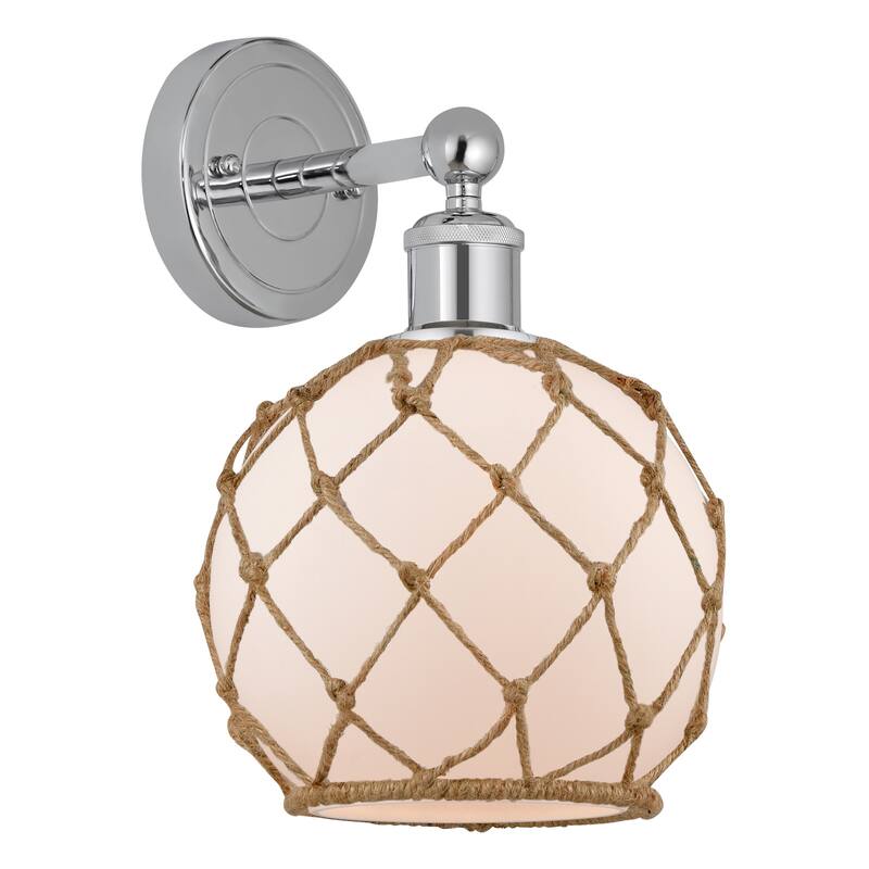 Innovations Lighting 616-1W-13-8 Farmhouse Rope Sconce Farmhouse Rope - Polished Chrome / White Glass with Brown Rope