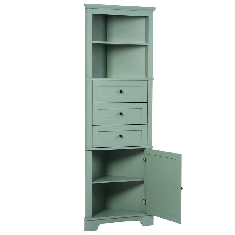 Green Triangle Tall Cabinet With 3 Drawers And Adjustable Shelves For Bathroom