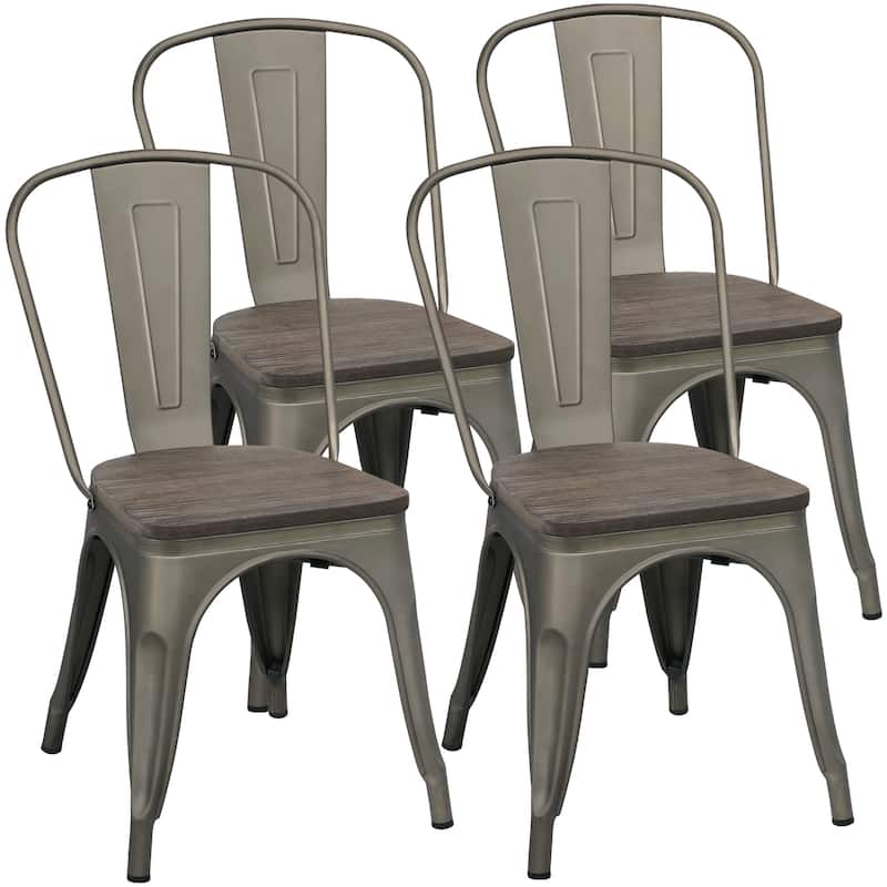 Yaheetech Set of 4 Metal Dining Chair Bistro Bar Stools with Wooden Stackable Chairs for Home