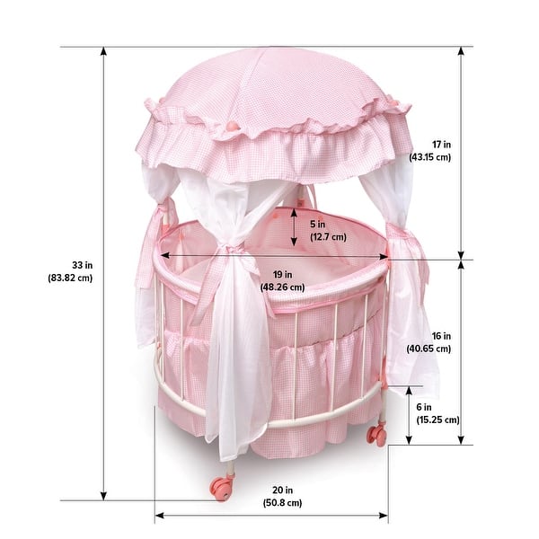 Badger Basket Royal Pavilion Round Doll Crib with Canopy and Bedding - Pink/White - 20" x 20" x 33"
