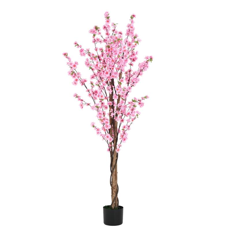 Roomfitters 6' Artificial Peach Blossom Tree with Black Plastic Pot, Lifelike Pink Flower Décor for Home & Office